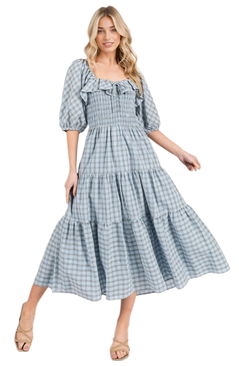 Plaid Smocked Midi Dress Puff Sleeves Ruffle Neckline Tiered Skirt Soft Blue