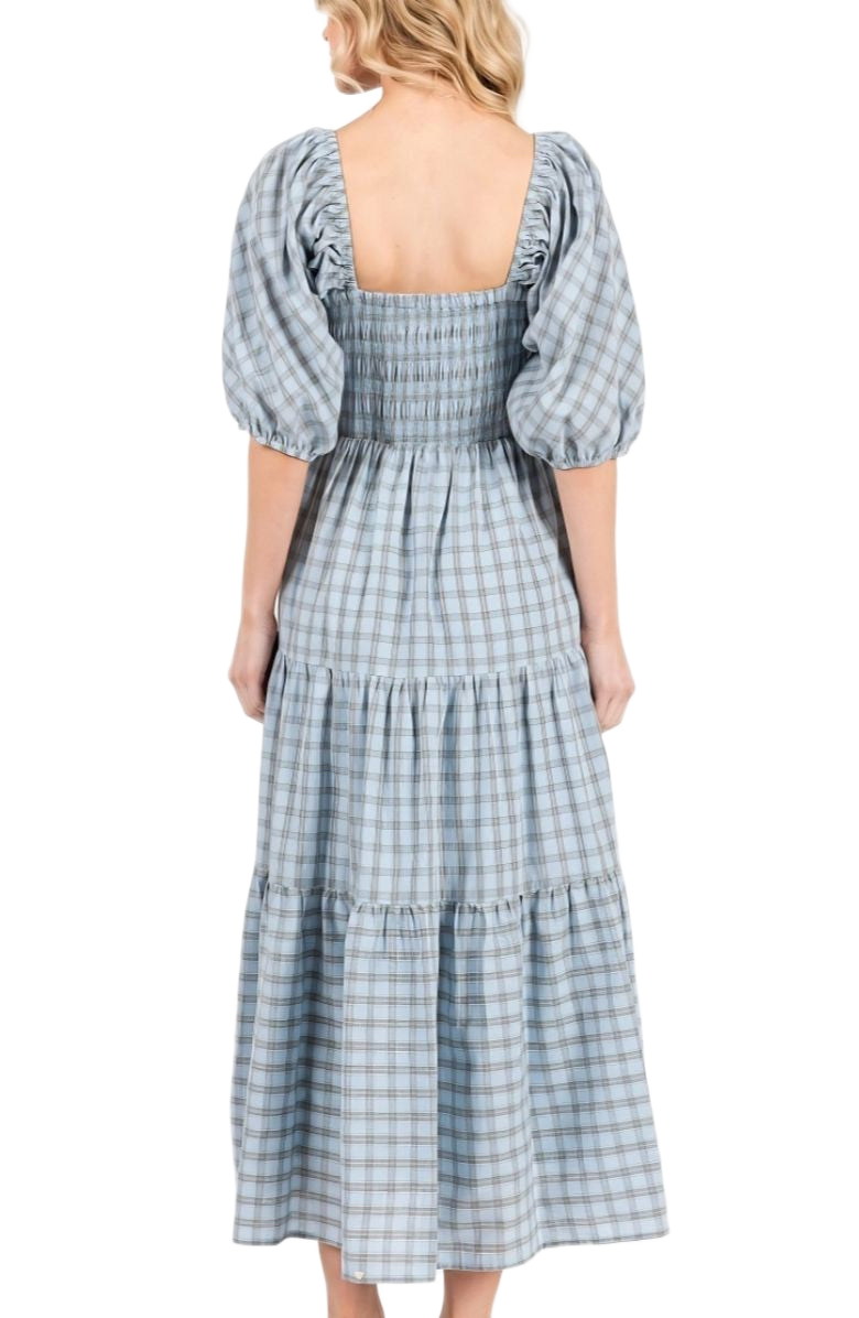 Plaid Smocked Midi Dress Puff Sleeves Ruffle Neckline Tiered Skirt Soft Blue