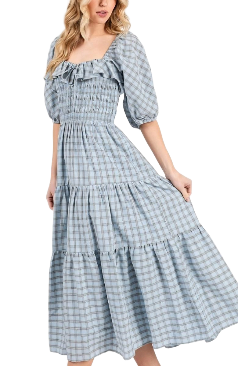 Plaid Smocked Midi Dress Puff Sleeves Ruffle Neckline Tiered Skirt Soft Blue
