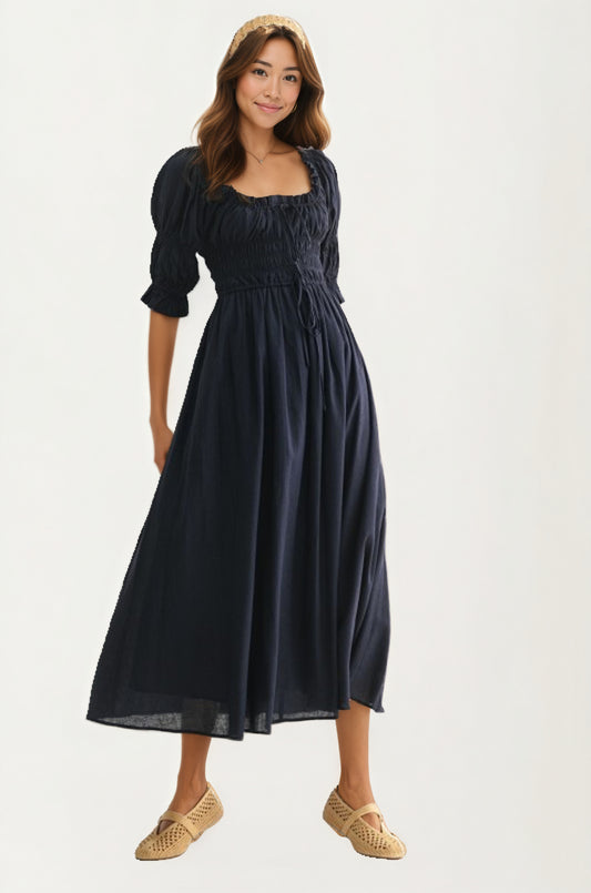Smocked Bodice Puff Sleeve Maxi Dress with Flowing Skirt
