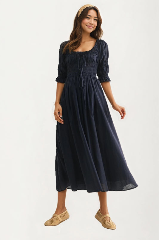 Smocked Bodice Puff Sleeve Maxi Dress with Flowing Skirt
