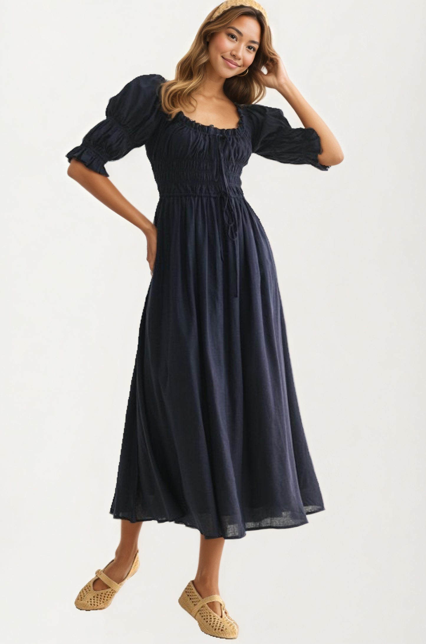 Smocked Bodice Puff Sleeve Maxi Dress with Flowing Skirt