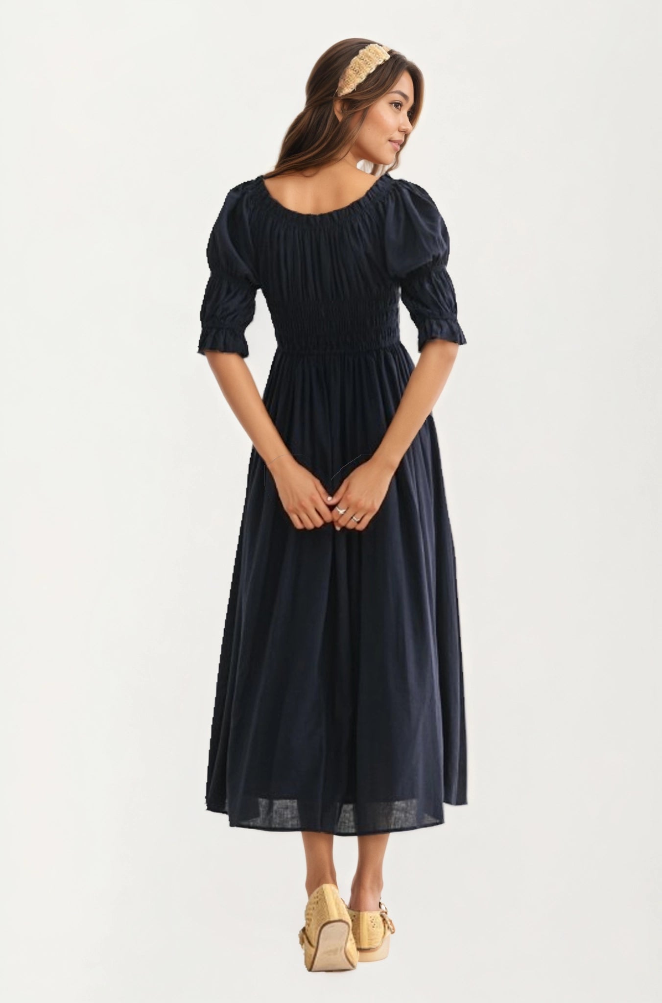 Smocked Bodice Puff Sleeve Maxi Dress with Flowing Skirt
