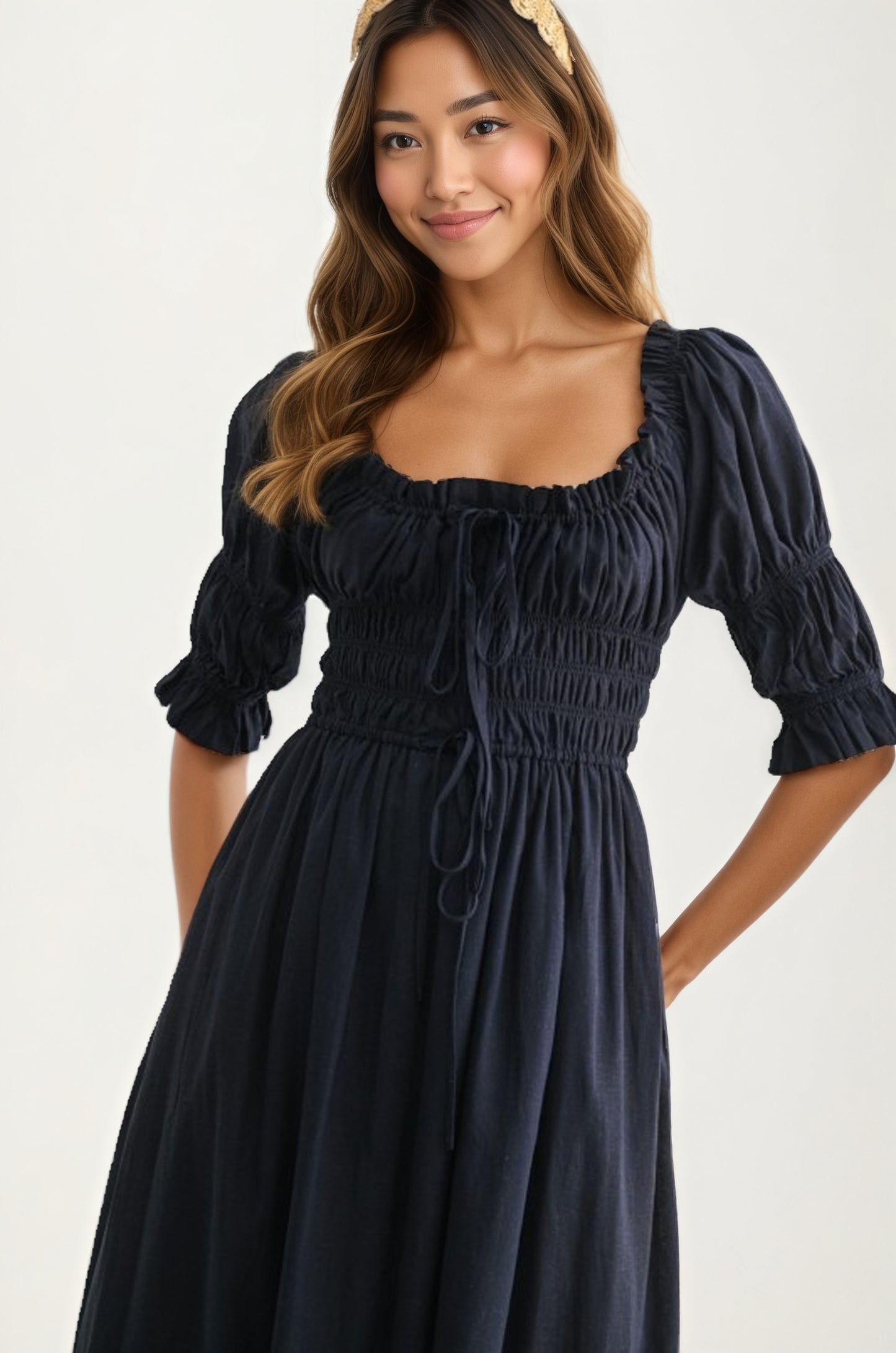 Smocked Bodice Puff Sleeve Maxi Dress with Flowing Skirt