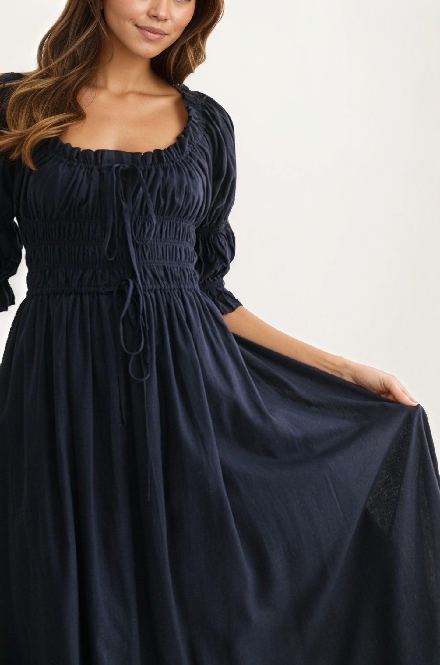 Smocked Bodice Puff Sleeve Maxi Dress with Flowing Skirt