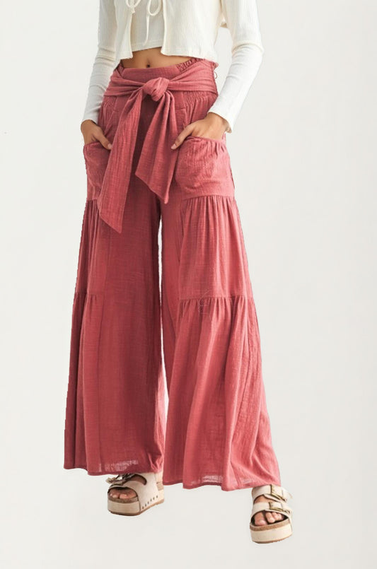 Wide-Leg Pants with Tie-Front Waist and Patch Pockets