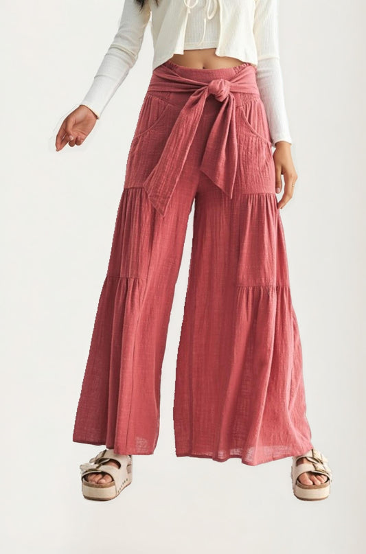 Wide-Leg Pants with Tie-Front Waist and Patch Pockets