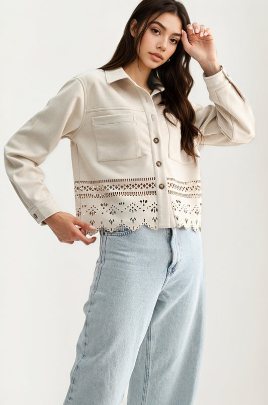 Scalloped Hem Button-Front Jacket with Eyelet Cutout Detail