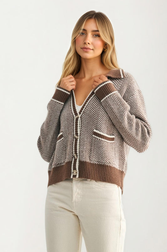 Cropped Button-Front Cardigan with Contrast Trim