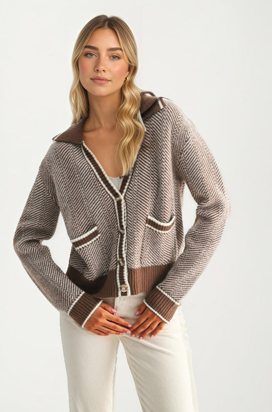 Cropped Button-Front Cardigan with Contrast Trim