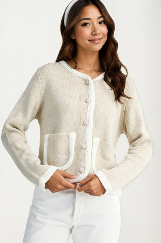 Button Front Cardigan with Contrast Trim and Front Pockets