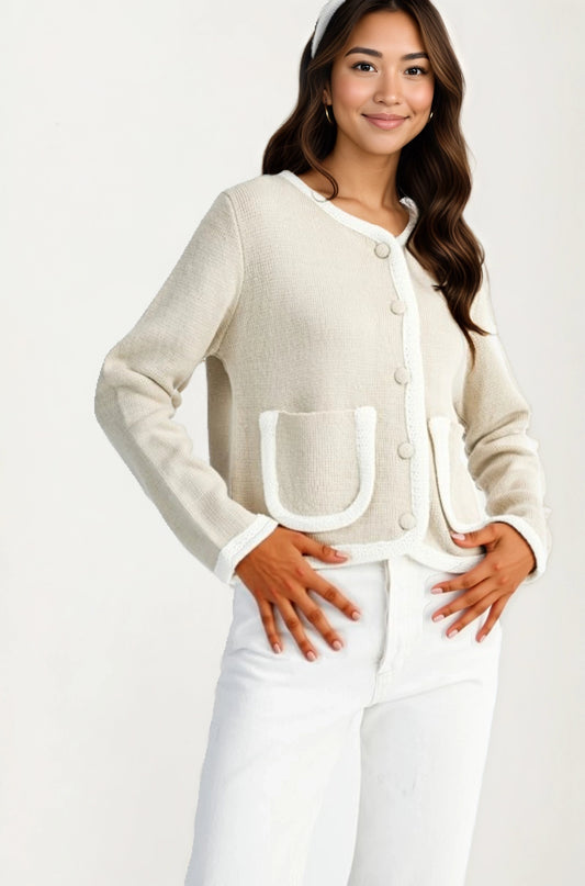 Button Front Cardigan with Contrast Trim and Front Pockets