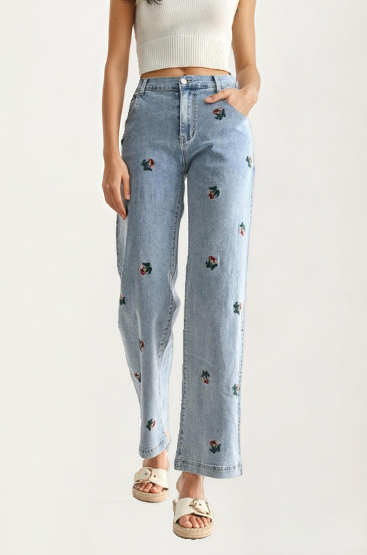 High Rise Embroidered Floral Straight Leg Denim Jeans