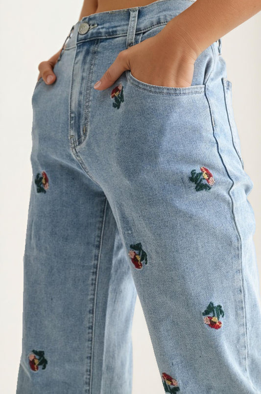 High Rise Embroidered Floral Straight Leg Denim Jeans