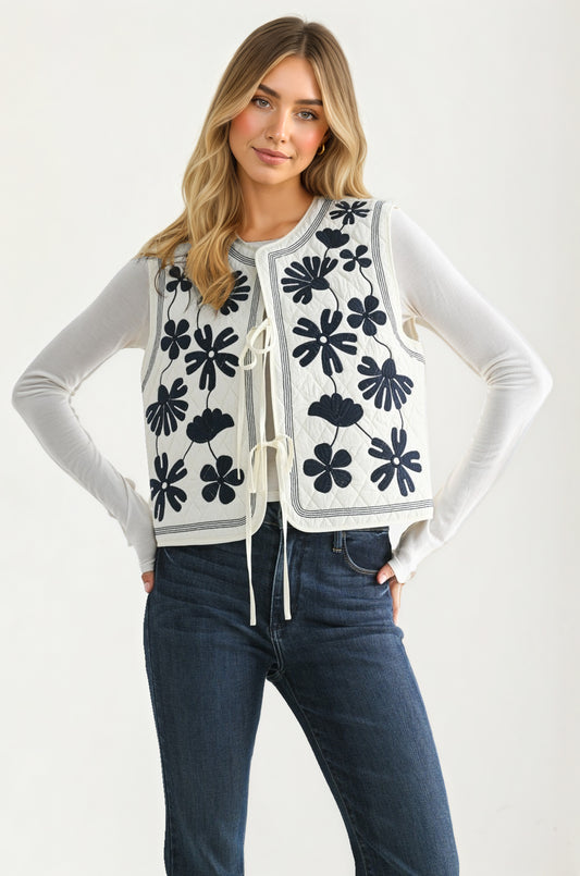 White Quilted Vest with Bold Black Floral Embroidery