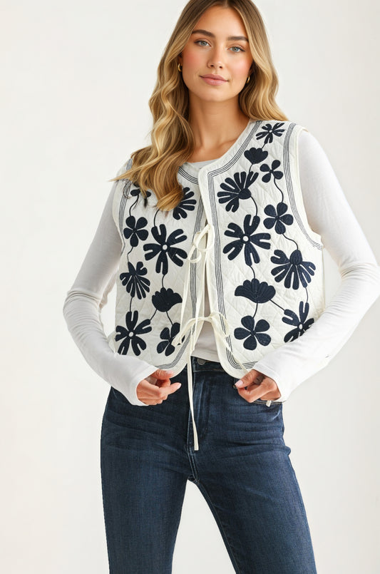 White Quilted Vest with Bold Black Floral Embroidery