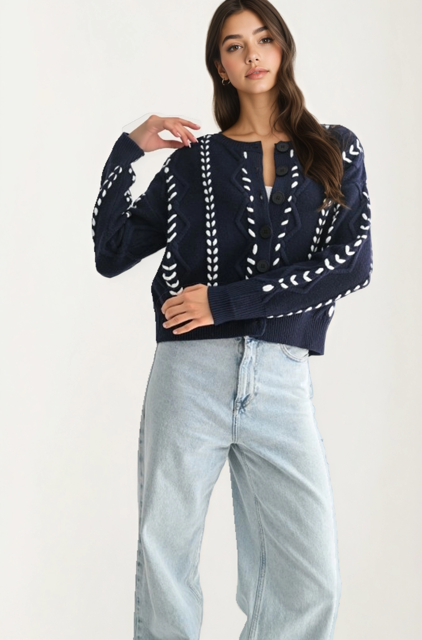 Button Front Cardigan with White Stitch Detailing