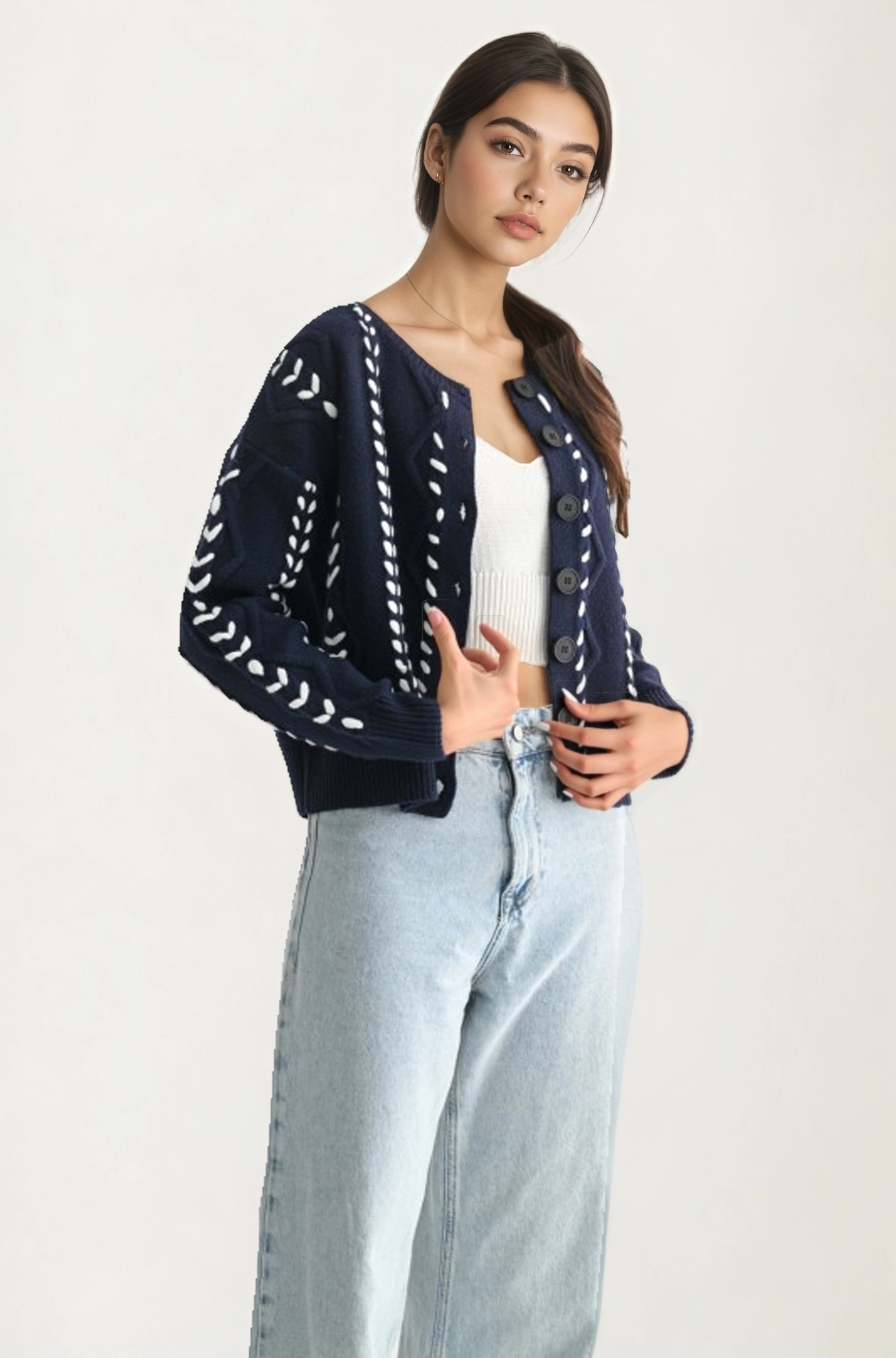 Button Front Cardigan with White Stitch Detailing