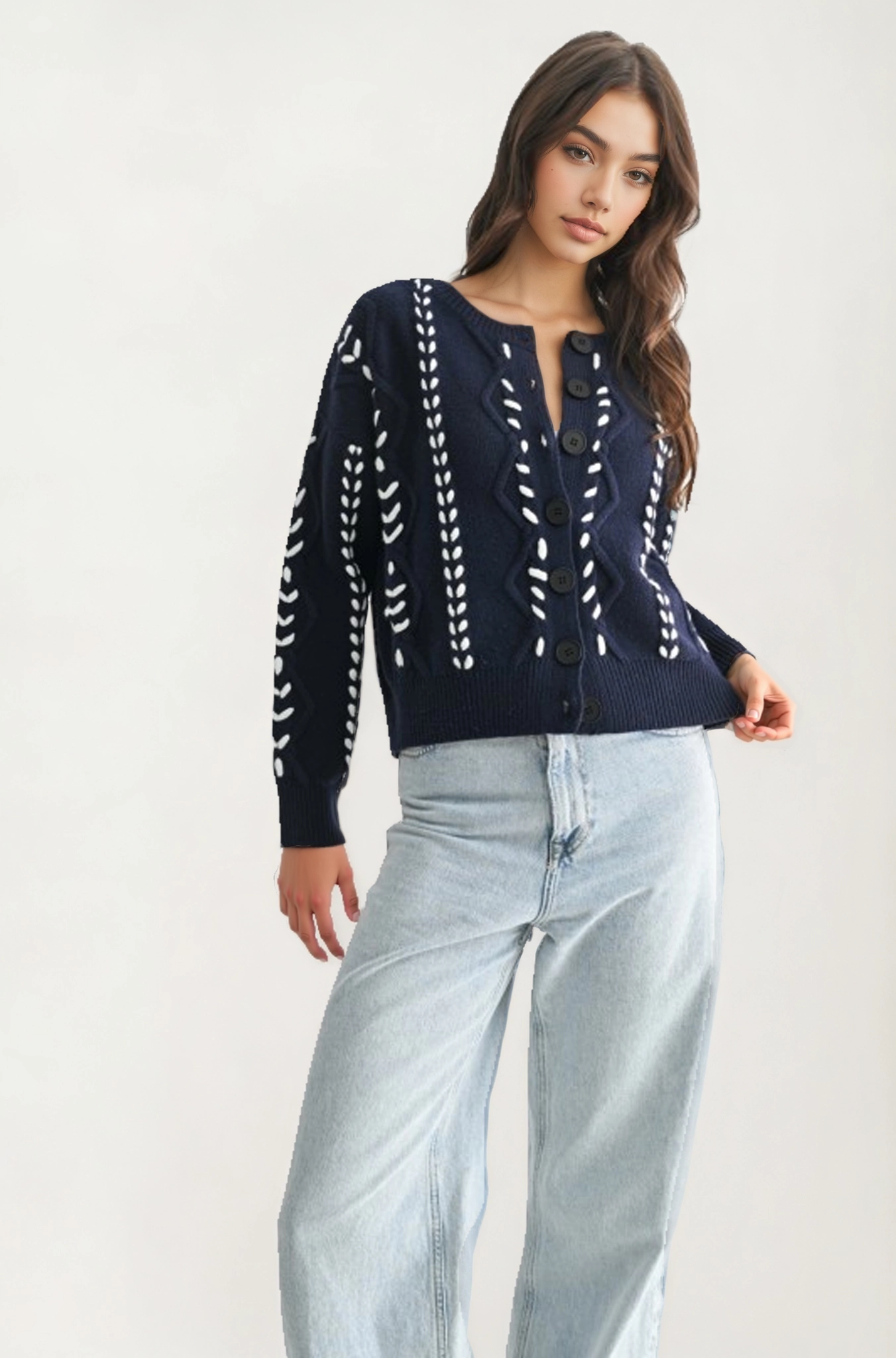 Button Front Cardigan with White Stitch Detailing