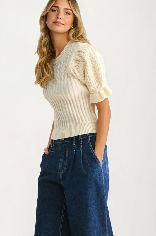 Puff Sleeve Cream Sweater with Cable Knit Detail