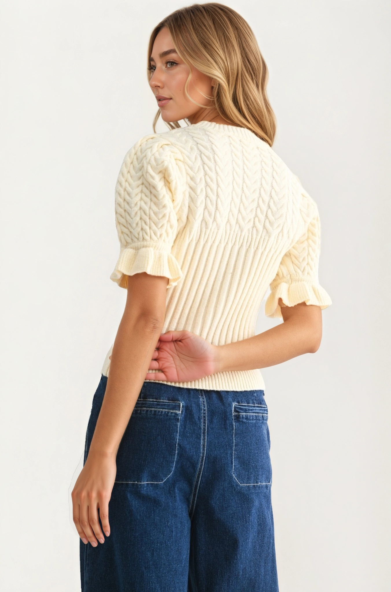 Puff Sleeve Cream Sweater with Cable Knit Detail