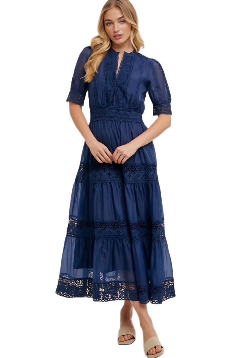 Navy Lace Midi Dress Elbow Sleeves Tiered Skirt Pintuck Detail Eyelet Trim