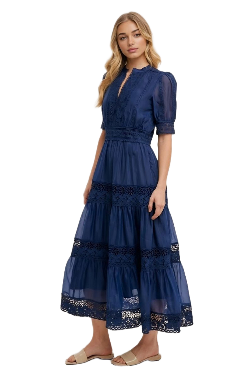 Navy Lace Midi Dress Elbow Sleeves Tiered Skirt Pintuck Detail Eyelet Trim