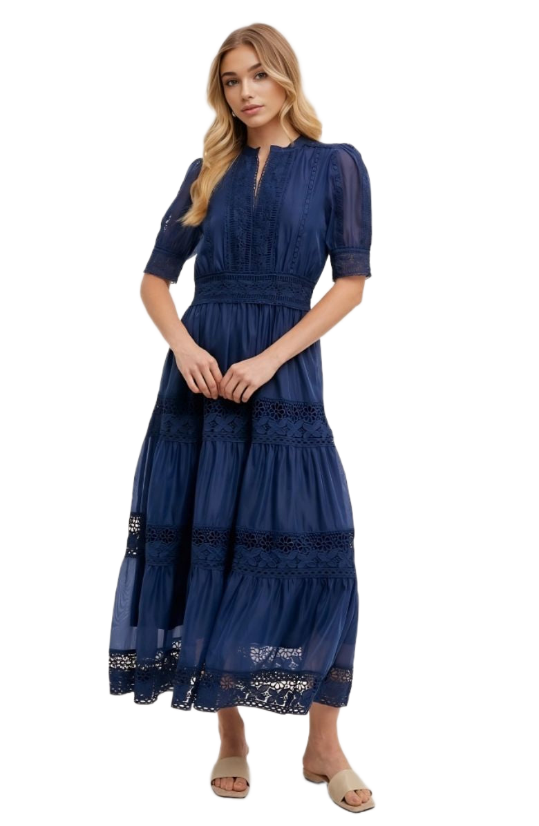 Navy Lace Midi Dress Elbow Sleeves Tiered Skirt Pintuck Detail Eyelet Trim