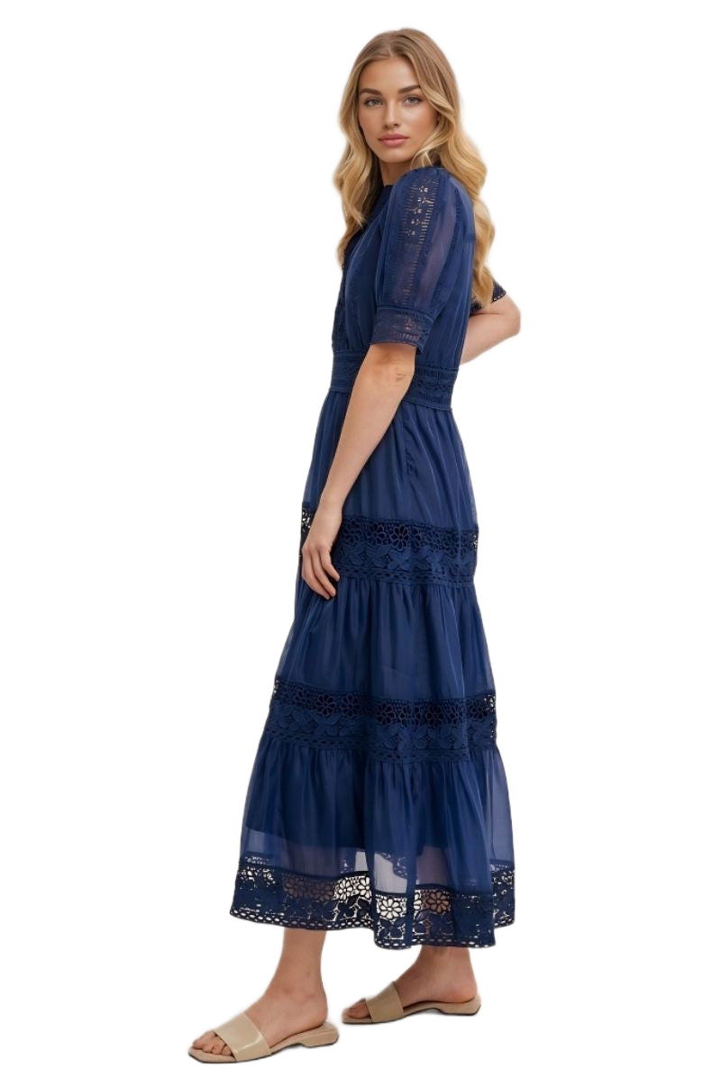 Navy Lace Midi Dress Elbow Sleeves Tiered Skirt Pintuck Detail Eyelet Trim