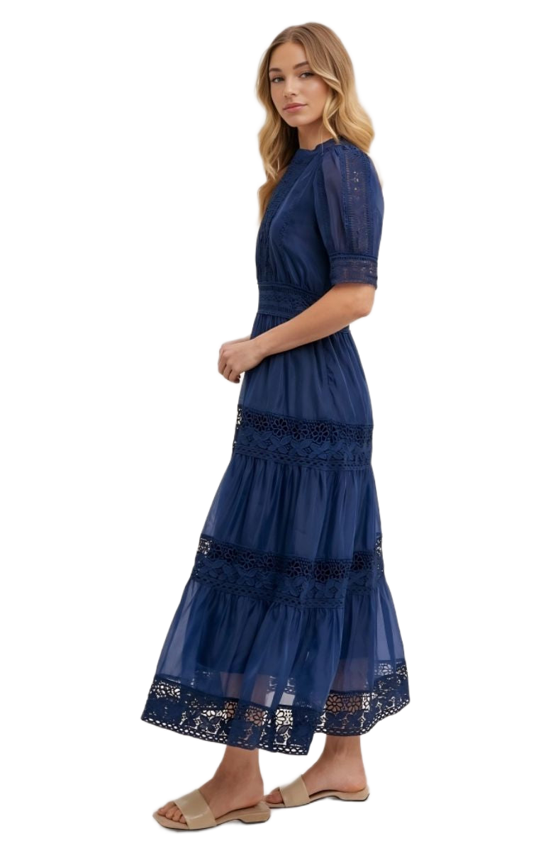Navy Lace Midi Dress Elbow Sleeves Tiered Skirt Pintuck Detail Eyelet Trim