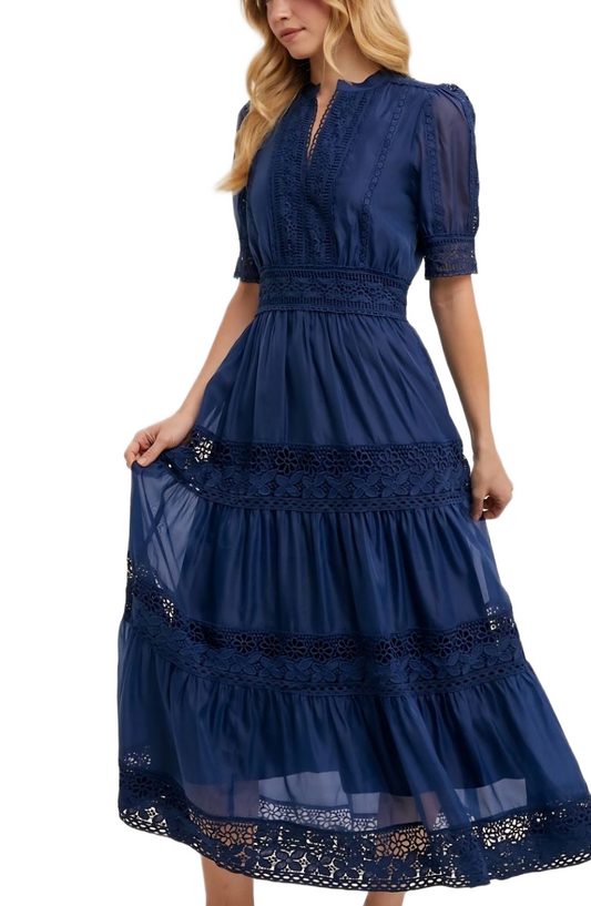 Navy Lace Midi Dress Elbow Sleeves Tiered Skirt Pintuck Detail Eyelet Trim