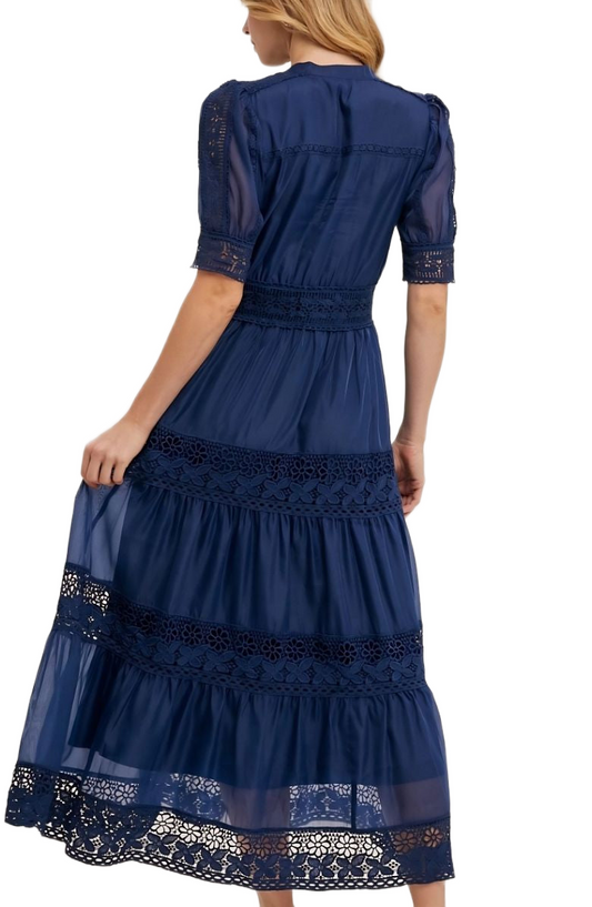 Navy Lace Midi Dress Elbow Sleeves Tiered Skirt Pintuck Detail Eyelet Trim