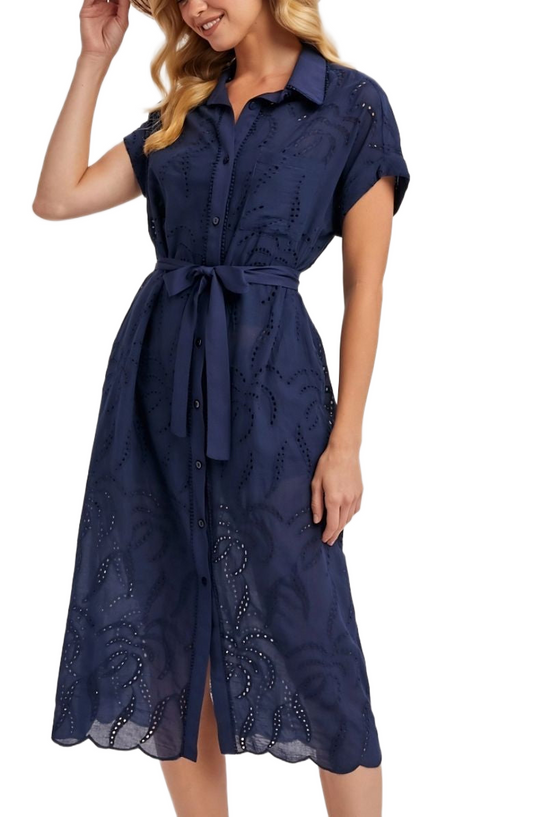 Navy Eyelet Shirt Dress Button Front Tie Waist Short Sleeves Scalloped Hem