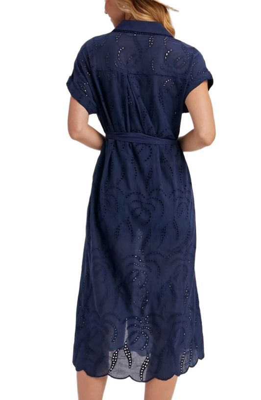 Navy Eyelet Shirt Dress Button Front Tie Waist Short Sleeves Scalloped Hem