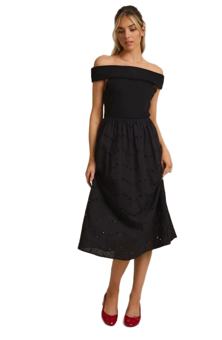 Elegant Off-Shoulder Black Midi Dress with Textured Skirt Detail