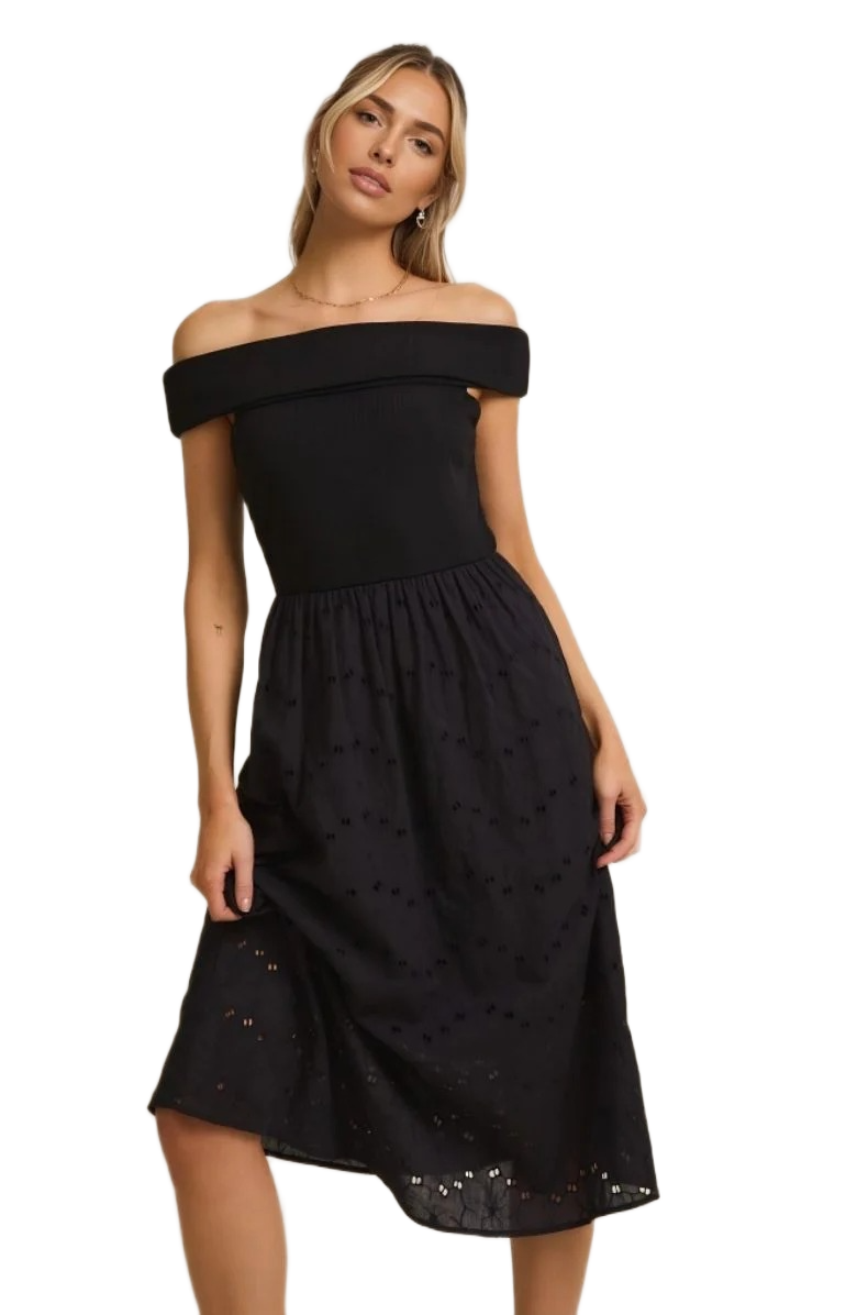 Elegant Off-Shoulder Black Midi Dress with Textured Skirt Detail