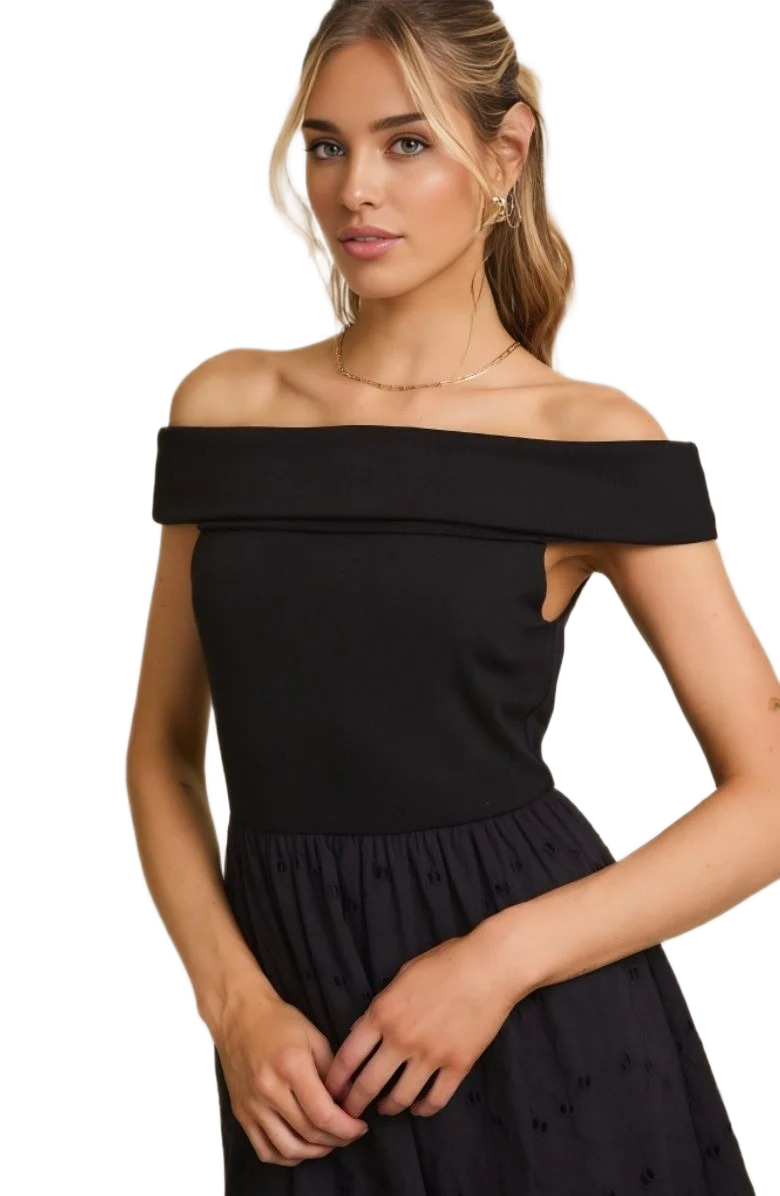 Elegant Off-Shoulder Black Midi Dress with Textured Skirt Detail