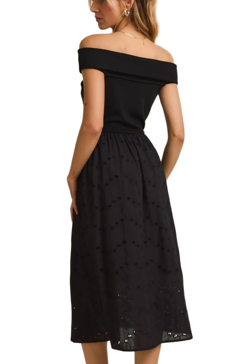 Elegant Off-Shoulder Black Midi Dress with Textured Skirt Detail