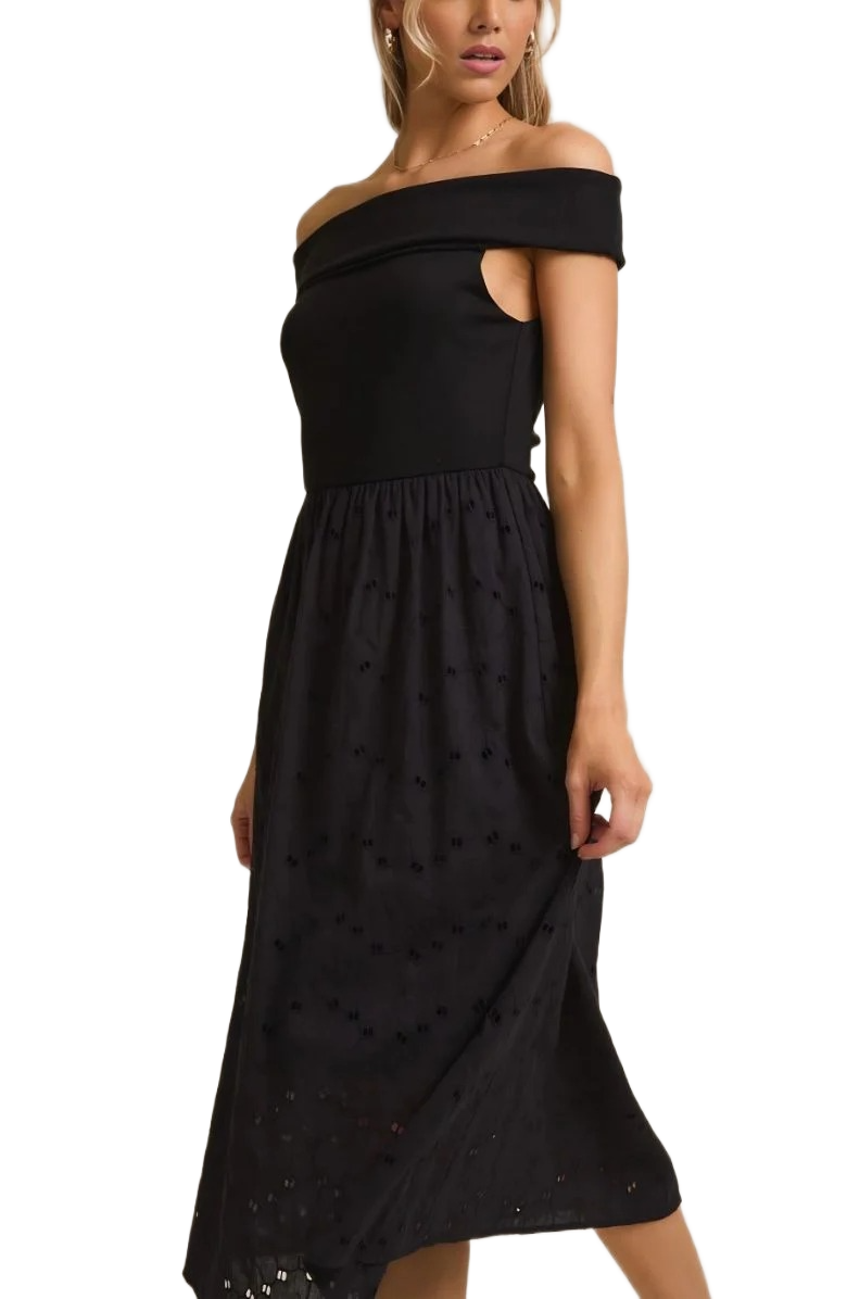 Elegant Off-Shoulder Black Midi Dress with Textured Skirt Detail