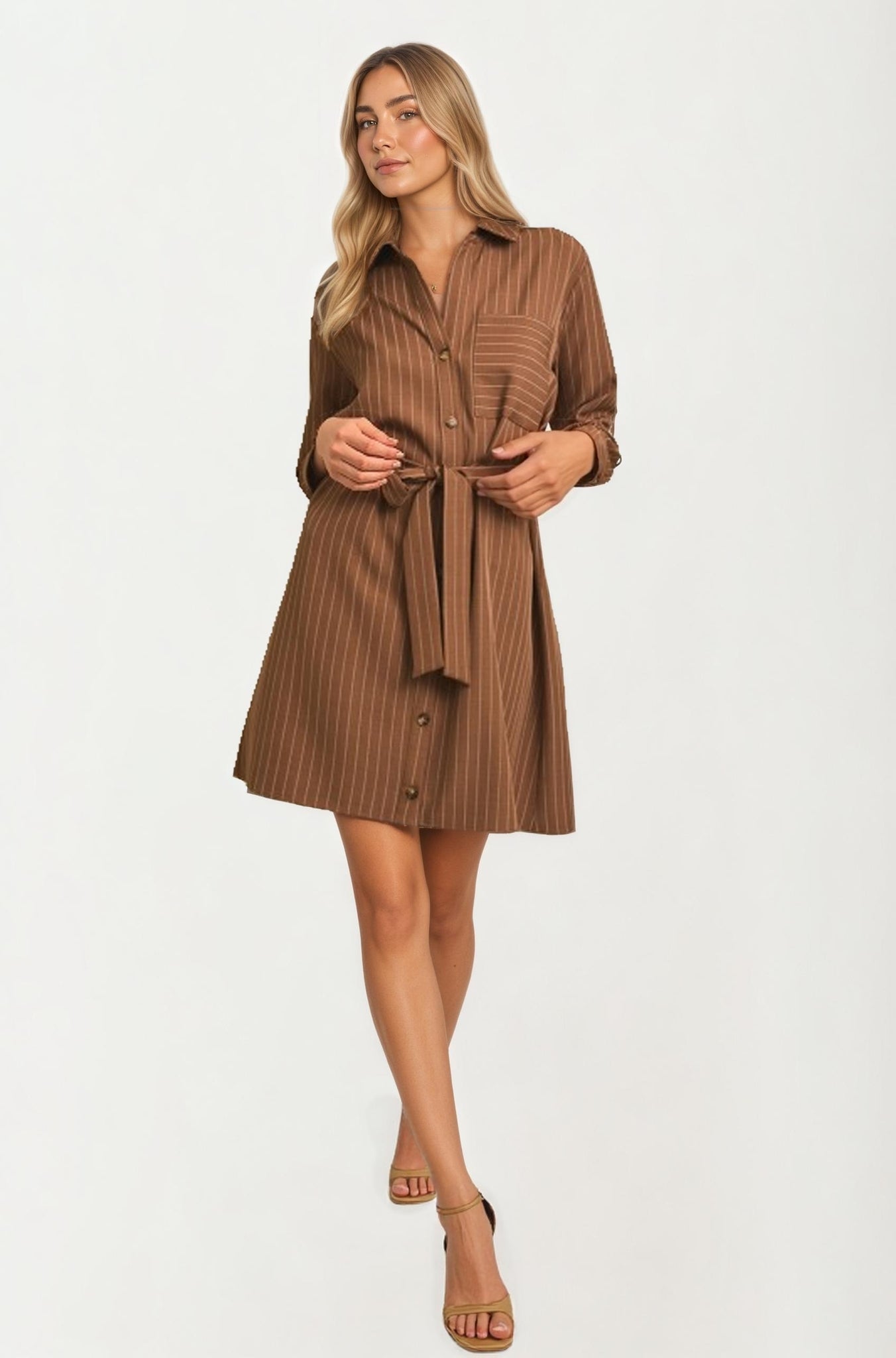 Striped Button Front Shirt Dress With Waist Tie