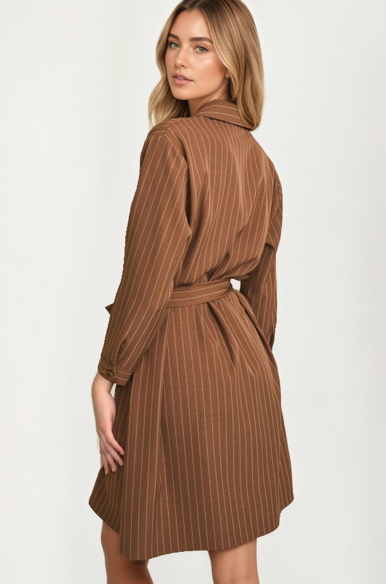Striped Button Front Shirt Dress With Waist Tie