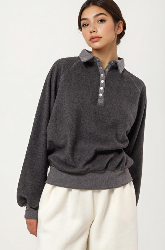 Long Sleeve Collared Pullover with Button Placket