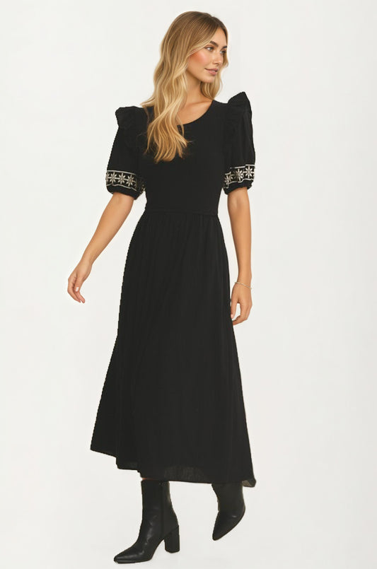 Puff Sleeve Midi Dress with Embroidered Cuffs