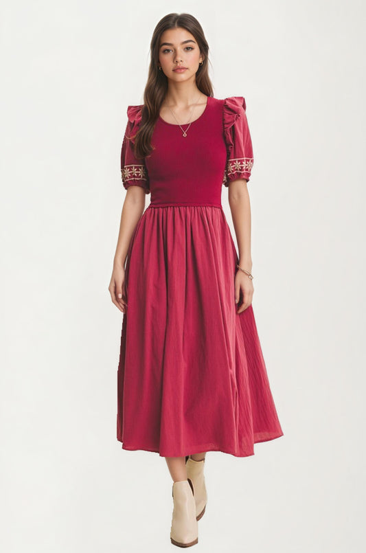 Puff Sleeve Midi Dress with Embroidered Trim