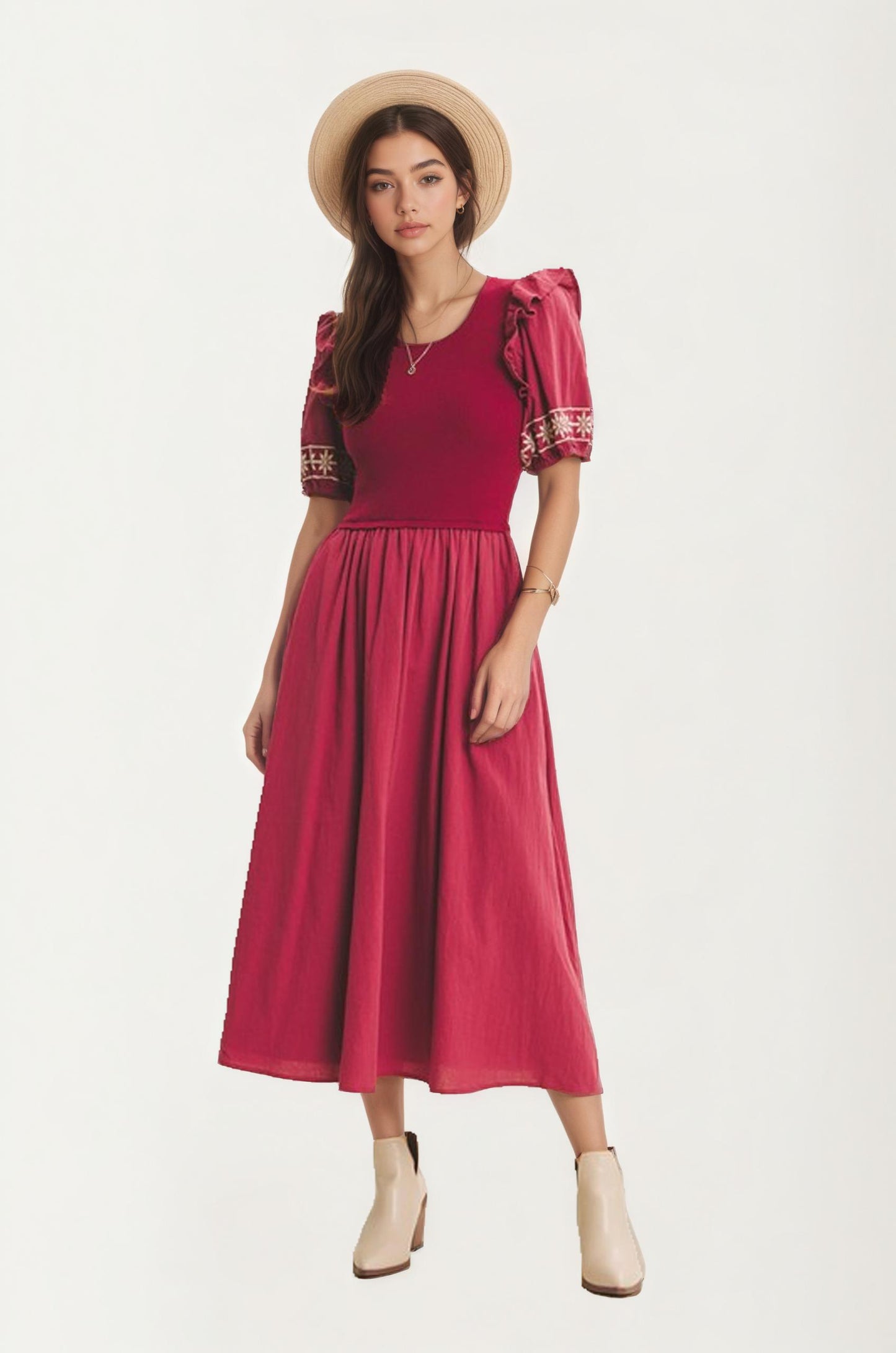Puff Sleeve Midi Dress with Embroidered Trim