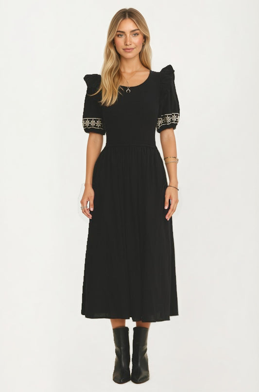 Puff Sleeve Midi Dress with Embroidered Cuffs