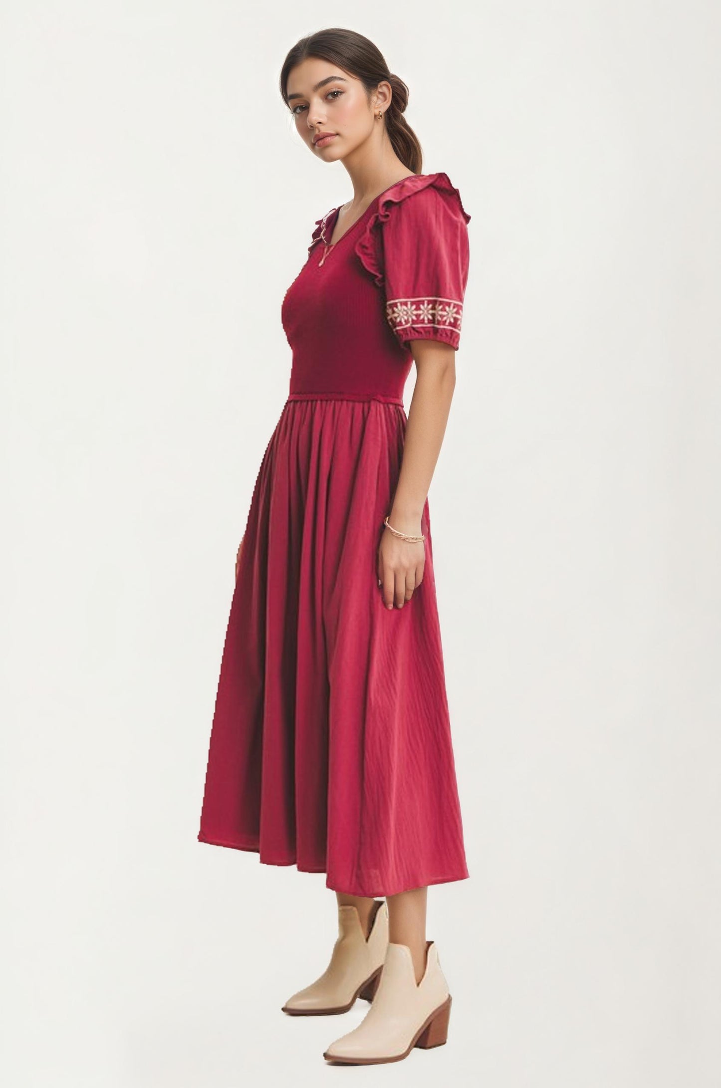 Puff Sleeve Midi Dress with Embroidered Trim