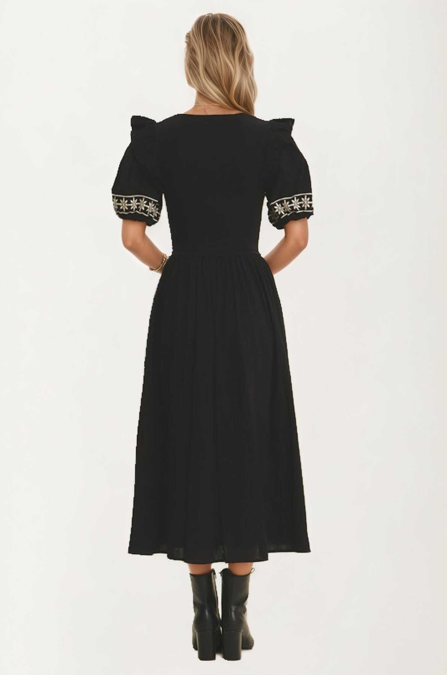 Puff Sleeve Midi Dress with Embroidered Cuffs