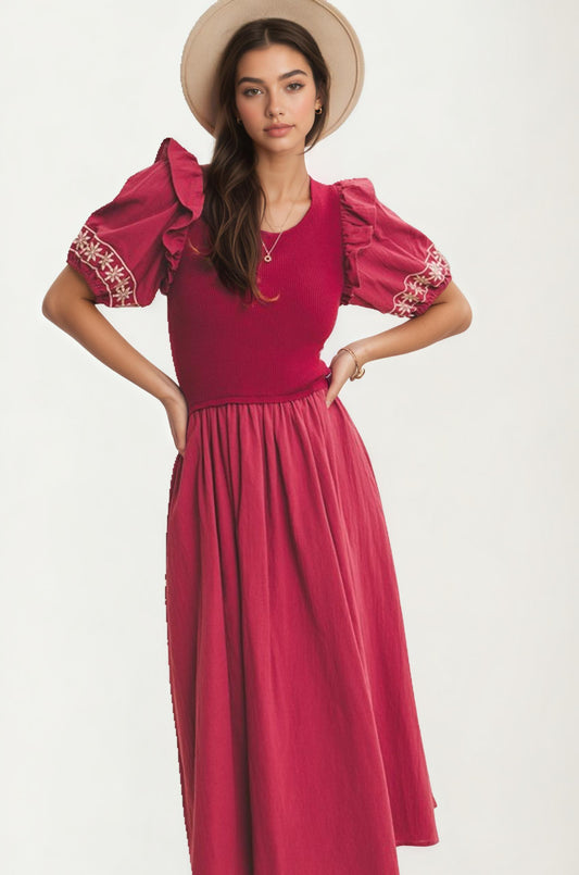 Puff Sleeve Midi Dress with Embroidered Trim