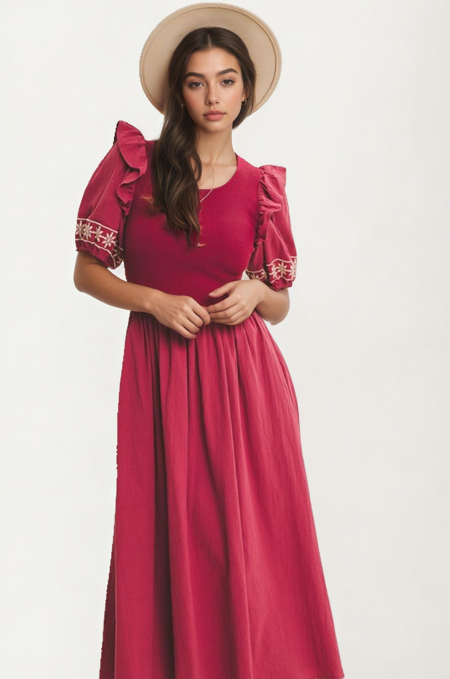 Puff Sleeve Midi Dress with Embroidered Trim